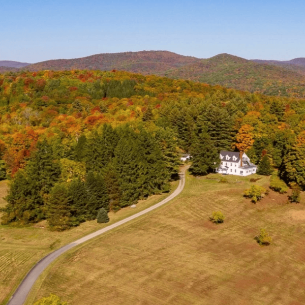 Aerial view of Confluence Behavioral Health surrounded by colorful fall foliage.